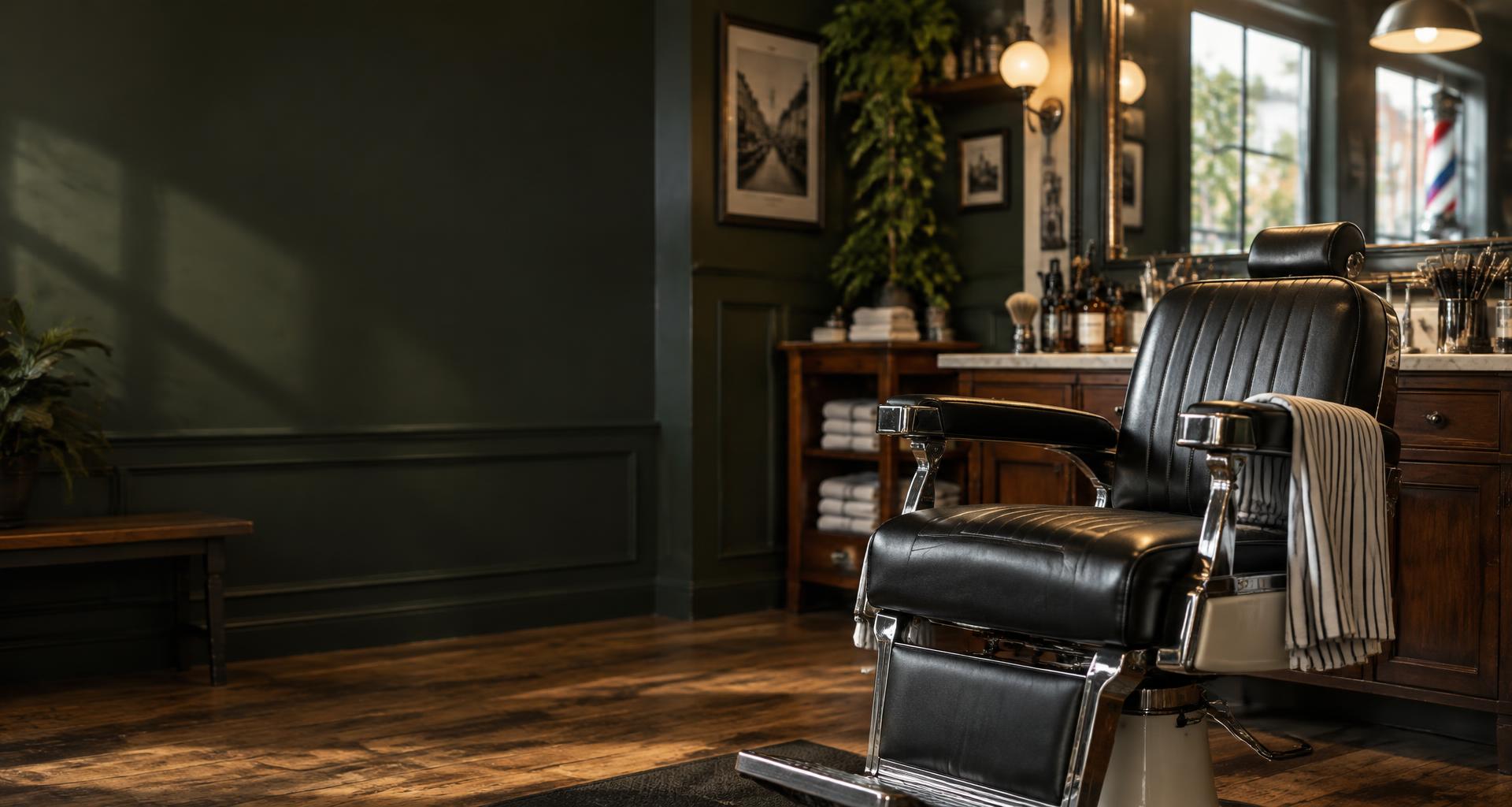 A classic leather barber chair in a welcoming barbershop, illustrative photograph